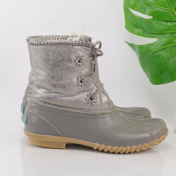 Jack Rogers Womens Hayley Duck Boot Size 8 Gray Silver Lace-Up Rubber Leather - Picture 5 of 12